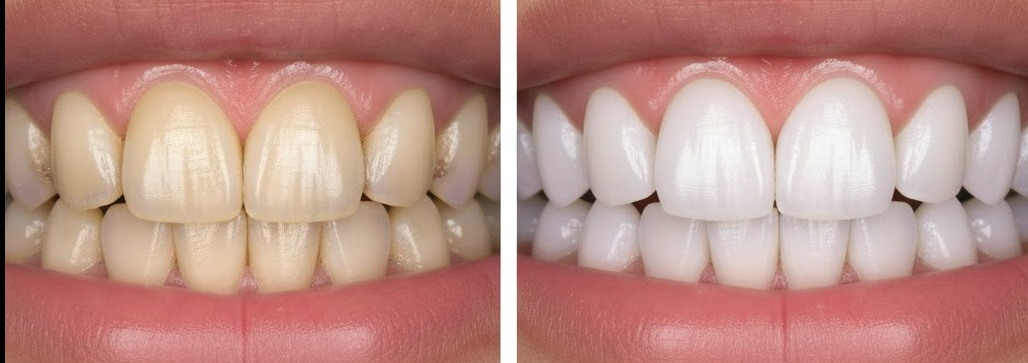 Antes y después de blanqueamiento dental profesional en la Clínica Javier Corzo, Granada